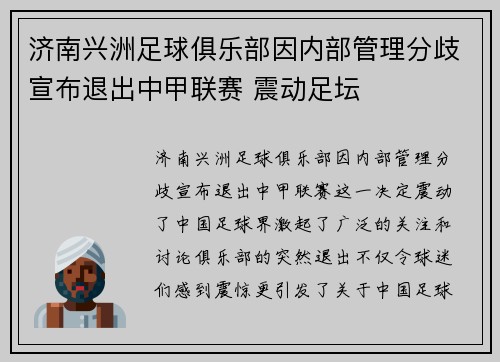 济南兴洲足球俱乐部因内部管理分歧宣布退出中甲联赛 震动足坛